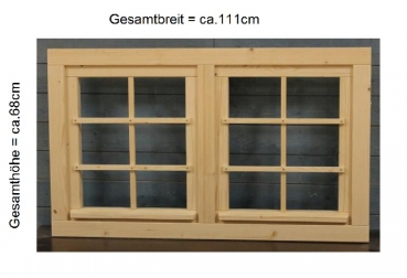 Preview: Gartenhaus Doppelfenster 111x68cm 6 Sprossenfelder zum Öffnen Dreh-, Kippbeschlag